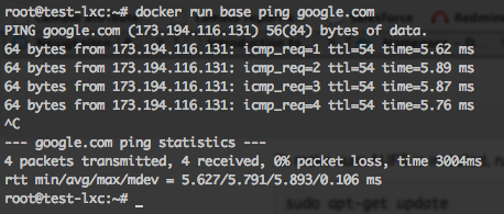 running ping google on a base image